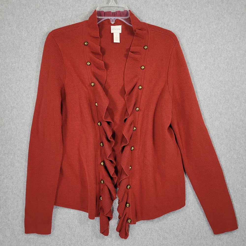 Chico's Hardware Detail Ruffle Cardigan 1 Medium Rust Open Cotton